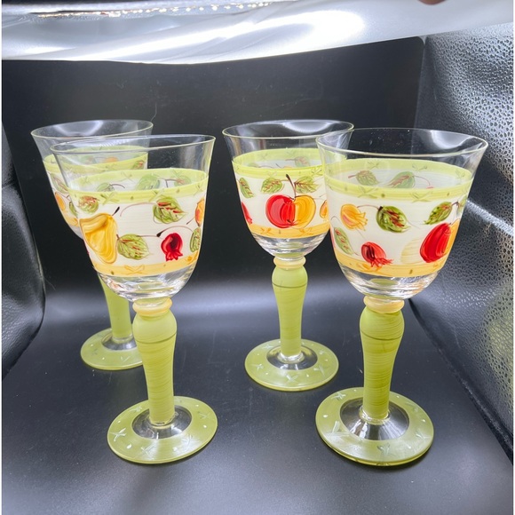 Vintage handblown hand painted 1970’s colors fruit pattern long stem glasses . - Picture 9 of 9